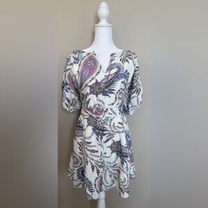 LOFT Linen Blend Paisley Bubble Sleeve Dress